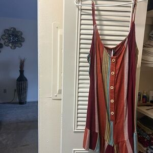 Striped Sleeveless Button-Front Women's One piece- Rust Multi